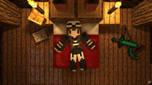 a minecraft character is laying on a bed with the letters hh on their pants