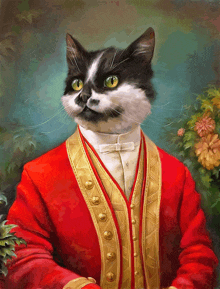 a black and white cat is wearing a red jacket