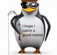 a penguin wearing sunglasses and a hat is holding a fishing pole .