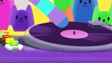 a cartoon illustration of a record player with colorful cats behind it