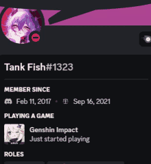 tank fish # 1323 has been playing genshin impact since september 16th 2021