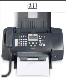 a black hp printer with the word fax written above it