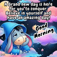 eeyore is wearing a blue hoodie with a good morning message