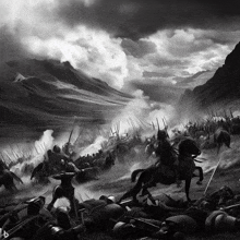 a black and white painting of a battle scene with the letter b on the bottom