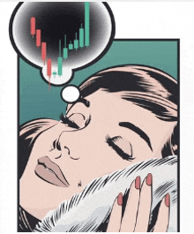 a comic book drawing of a woman sleeping with a thought bubble of a stock chart