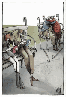 a cartoon of a man reading a book and a woman reading a book on a park bench