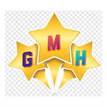 three gold stars with the letters gm and h on them on a checkered background