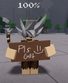 a cartoon character is holding a sign that says " pls gift "