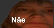 a close up of a person 's face with the word nae written on it