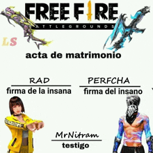 a poster for free fire battlegrounds with rad and percha