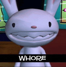 a cartoon bunny with the word whore written on the bottom