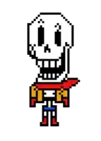 a pixel art drawing of a skeleton wearing a red and yellow scarf .