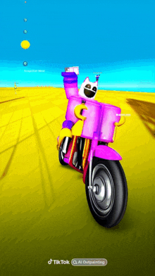 a cartoon character riding a pink motorcycle with a basket on the front of it