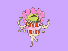 a frog dressed as a flower is holding a bag of popcorn