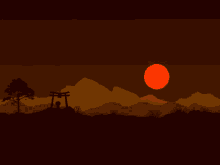 a silhouette of a torii gate with a tree and mountains in the background at sunset