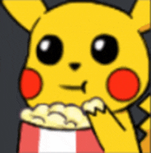 a cartoon pikachu is eating popcorn from a red and white striped container .