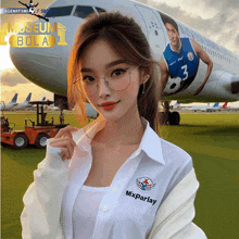 a woman wearing a white shirt that says mxparlay is standing in front of an airplane