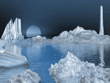 a painting of icebergs in the ocean at night