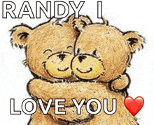 two teddy bears hugging each other with the words randy i love you above them