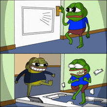 a cartoon of two frogs standing in a room