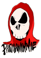 a cartoon drawing of a skull wearing a red hood with the name pasmawinnie written below it