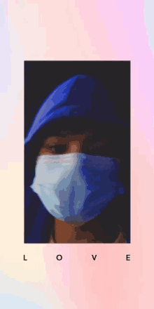 a person wearing a blue hoodie and a face mask with the word love written below them