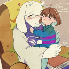 a drawing of a goat holding a little girl with the words " i love you " written on the bottom