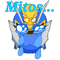 a blue and yellow cartoon character with the word mitos above it