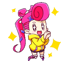 a cartoon of a girl with pink hair and a yellow jacket