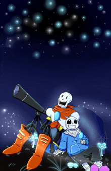 a cartoon of papyrus and sans looking through a telescope at the stars