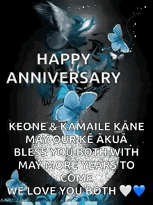 a happy anniversary card with blue butterflies and flowers