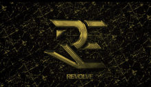 a gold revolve logo on a black and gold background