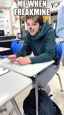 a boy wearing a leopard face mask sits at a desk with the caption " me when freakmine " above him