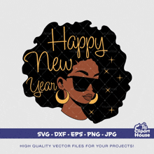 a woman with curly hair is wearing sunglasses and earrings and says happy new year