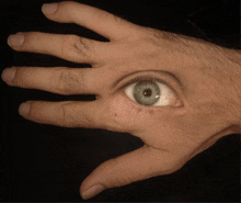 a close up of a hand with a blue eye