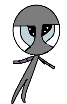 a drawing of a cartoon character with blue eyes and purple arms