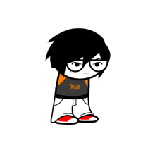 a cartoon character with black hair and glasses is wearing a black and orange shirt with the word x on it