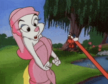 a cartoon character is wrapped in a pink towel and holding a red hose