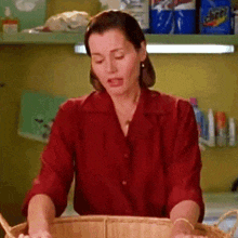 a woman in a red shirt is washing clothes in a laundry room with a bag of cheer on the shelf behind her