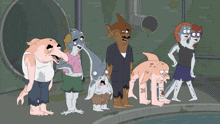 a group of cartoon characters are standing next to each other and the word cartoon is on the bottom right corner