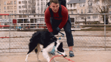 a man with a backpack is playing with a black and white dog in front of a fence that says the rack on it