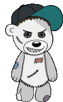 a drawing of a teddy bear wearing a hat with stitches on it