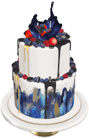 a blue and white cake with blueberries and oreos on top