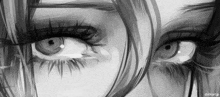 a black and white drawing of a woman 's eyes with long eyelashes .