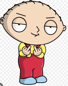 a cartoon character giving the middle finger with a yellow shirt and red pants