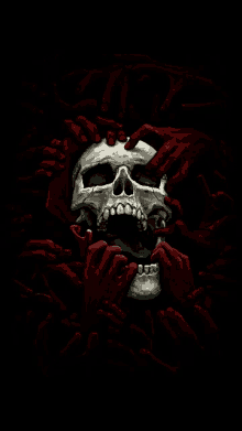 a skull is surrounded by red hands on a dark background