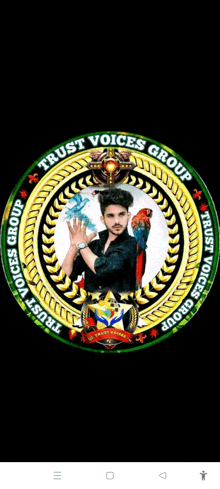 a logo for trust voices group shows a man holding a parrot