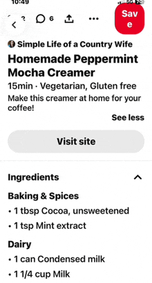 a screenshot of a recipe for homemade peppermint mocha creamer on a phone