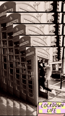 a black and white photo of telephone booths with the words " lockdown life " on the bottom right