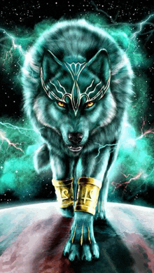 a painting of a wolf with a crown on its head and bracelets on its feet